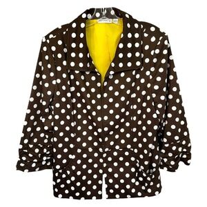 Susan Graver Large Jacket Brown White Polka Dot Blazer Yellow Lined‎ Ruched 1198